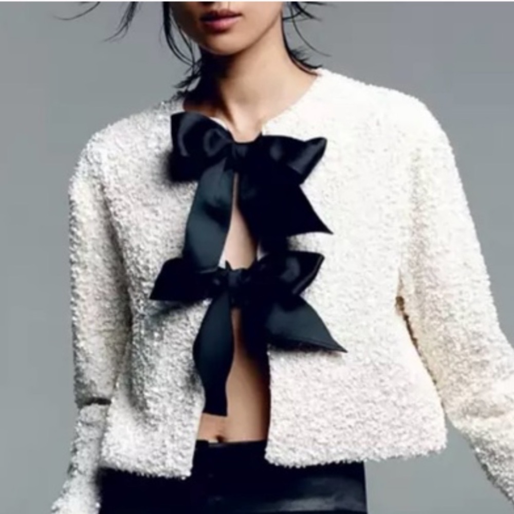 H&M Tie-front Sequined Jacket Off White/black bow SIZE L